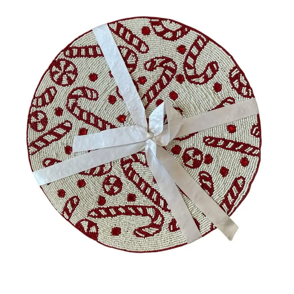 2pc Tahari Candy Cane Beaded Placemats 15in Christmas Holiday Red White New